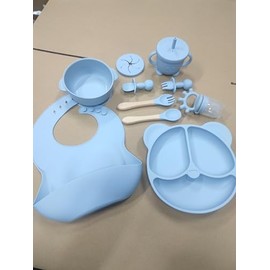 Dazhtu 10 Stücke Silikon Baby Geschirrset, Kindergeschirr Baby-Teller Rutschfest mit Saugnapf, Baby-Teller mit Saugnapf, Schüssel, Lätzchen,Löffel,Gabel,Baby-Trinkbecher,Fruchtsauger Set, Blau