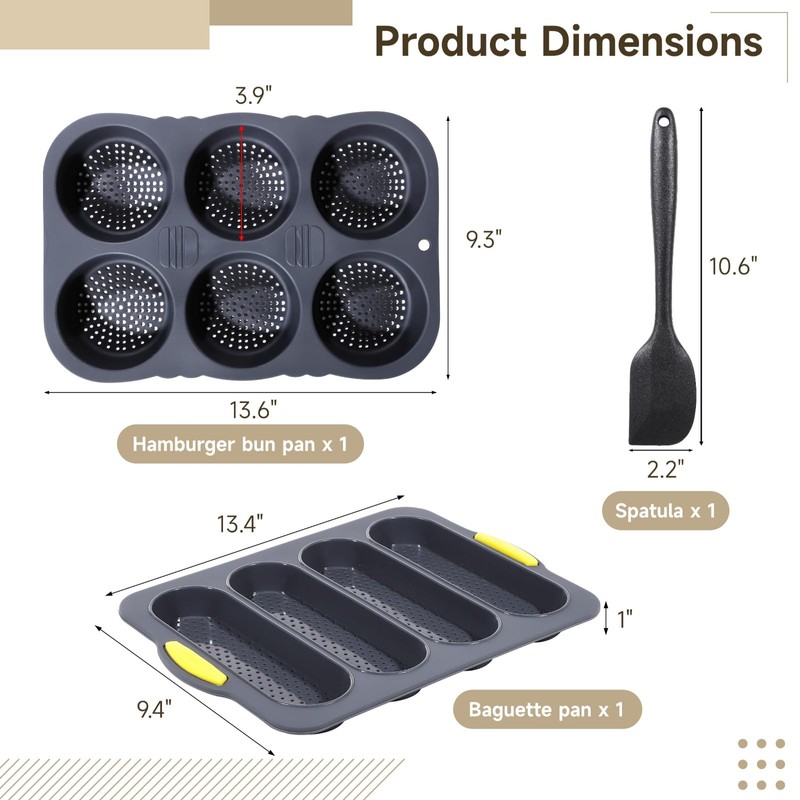 OMISTAR 3 PCS Silicone Baguette Pan and Hamburger Bun Pan