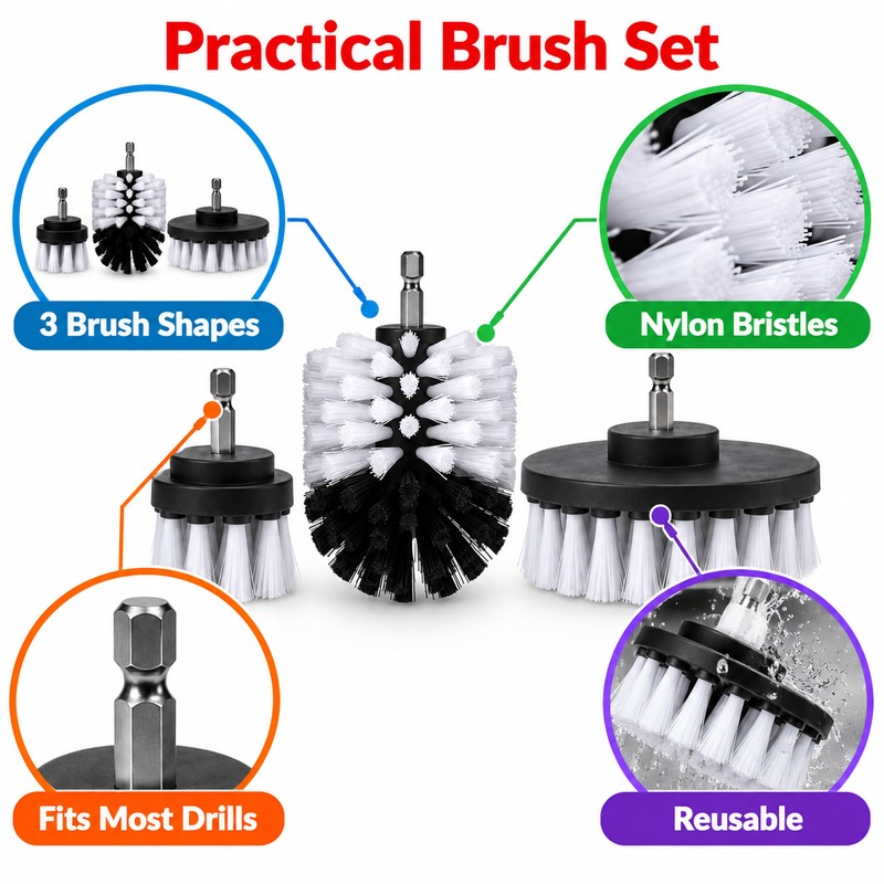 3-Piece Drill Brush Attachment Set, Nylon Power Scrubber Brushes for