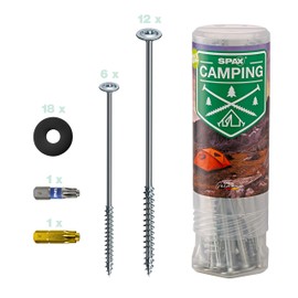 Spax - Camping Tent Screws, Complete Set, Universal Screw Pegs, 18 Pieces, in Two Lengths with 2 Bits & 18 Plastic Washers for Tent Attachment, Outdoor – 4000009100019