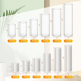 Shihanee Set of 12 Pillar Candles and Glass Cylinder Vases Assorted Sizes Cylinder Holders for Pillar Candles Home Table Centerpieces Wedding Party Decorations (White)