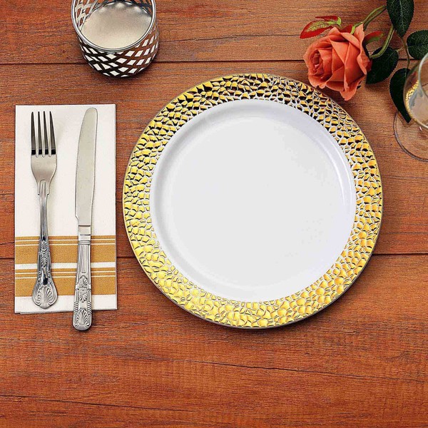 Efavormart 10 Pack |10" White Disposable Plates Round Salad Plates with Gold Hammered Rim