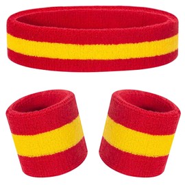 Kids Sweatbands Headband Wristband Set - Athletic Cotton Sweat Band for Sports - Ultimate Sweat-Absorbing 3-piece Set (1 Headband + 2 Wristbands) (Red+Yellow)