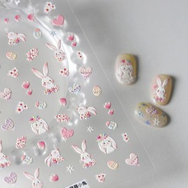 Rabbit Nail Art Stickers Pink Nail Decals Cartoon Nail Stickers for Nails Art Self Adhesive 5D Embossed with Design Easter Nails Charm for Women Manicure Supplies