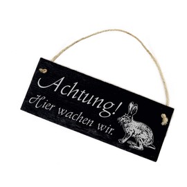 Slate Door Sign with German Text "Achtung ! Hier wachen wir " Rabbit Design 22 x 8 cm