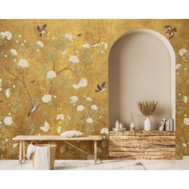 Ausril Plum Blossom Mural Wallpaper, Golden Background Floral Wall Mural, Chinoiserie Bird Flower Mural, Vintage Branches Wallpaper for Living Room, Bedroom, Dinning Room 141"x96"(Not Peel and Stick)