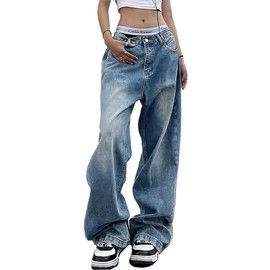 Xineicy Women's Jeans Wide Leg Baggy Jeans Low Waist Jeans for Women Y2K Loose Boyfriends Denim Pants Vintage Streetwear Blue