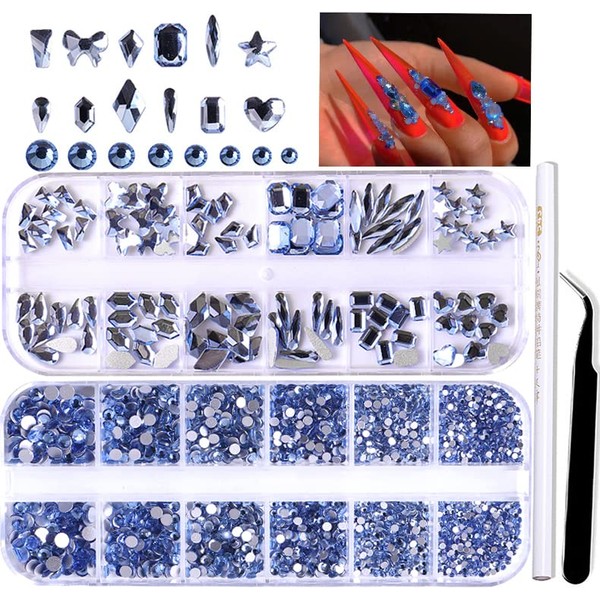 BELICEY Light Blue Crystal Rhinestones for Nails Kit Multi-Shape Size Nail Art Rhinestones Glass Flatback Diamonds Gems Beads Stones for Nail Charm Jewels DIY Crafts Clothing Nails Art Accessories