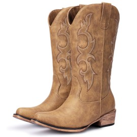 Light Brown Cowboy Boots for Women - Embroidered Cowgirl Boots Western Mid Calf Chunky Heel Pointed Toe Country Boot 7.5