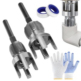 5 Piece Set of 2 Integrated Internal & External Pipe Threading Tool, 1/2" and 3/4" PVC Pipe Thread Cutting Tool for Electric Drill, 2 Roll Teflon Tape and A Pair of Work Gloves