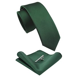 RBOCOTT 2.4" Dark Green Skinny Tie and Pocket Square with Tie Clip Sets for Men(6cm)