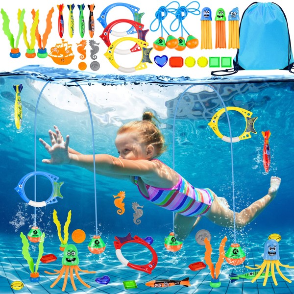 Hysagtek 27pcs Swimming Pool Toys, Diving Pool Toys Set Dive Swim Through Ring, Toypedo Bandits, Diving Rings, Seaweed, Diamond, Octopus, Underwater Diving Game Kit for kids with Storage Bag