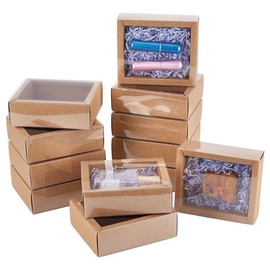 BENECREAT 12PCS Brown Kraft Gift Drawer Box, Translucent Plastic Lidded Gift Drawer Box with PVC Frosted Window for Jewellery Gift Wrapping Party Favours, 10.6x8.6x4cm