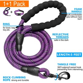 Ladoogo Reflective Dog Collar Padded with Soft Neoprene Breathable Adjustable Nylon Dog Collars for Small Medium Large Dogs (Collar+Leash L Neck 19"-23.5", Purple)