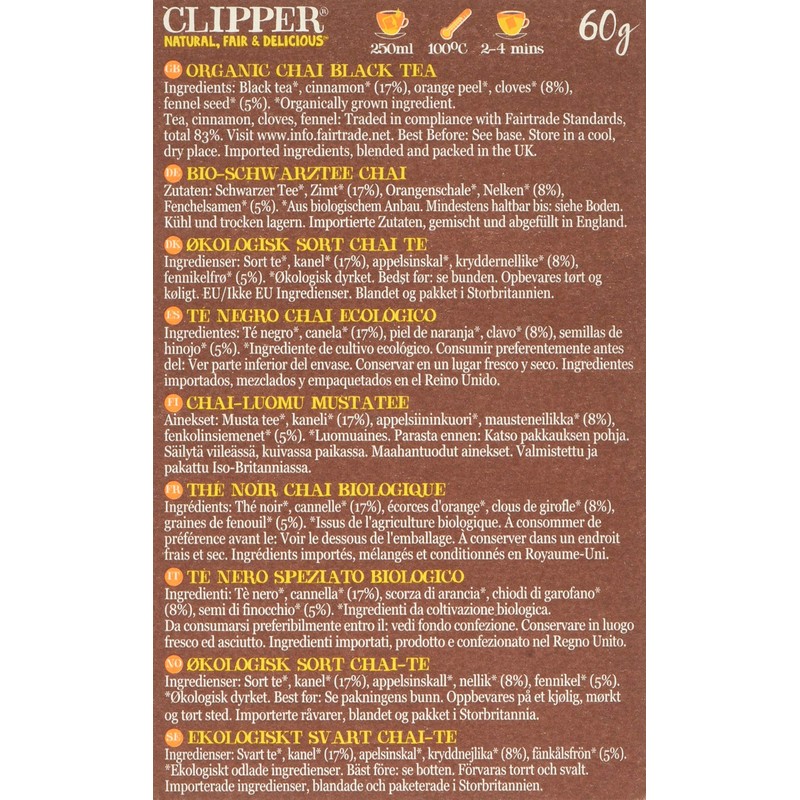 Clipper Organic Indian Chai 20 Teabags (Pack of 6, Total