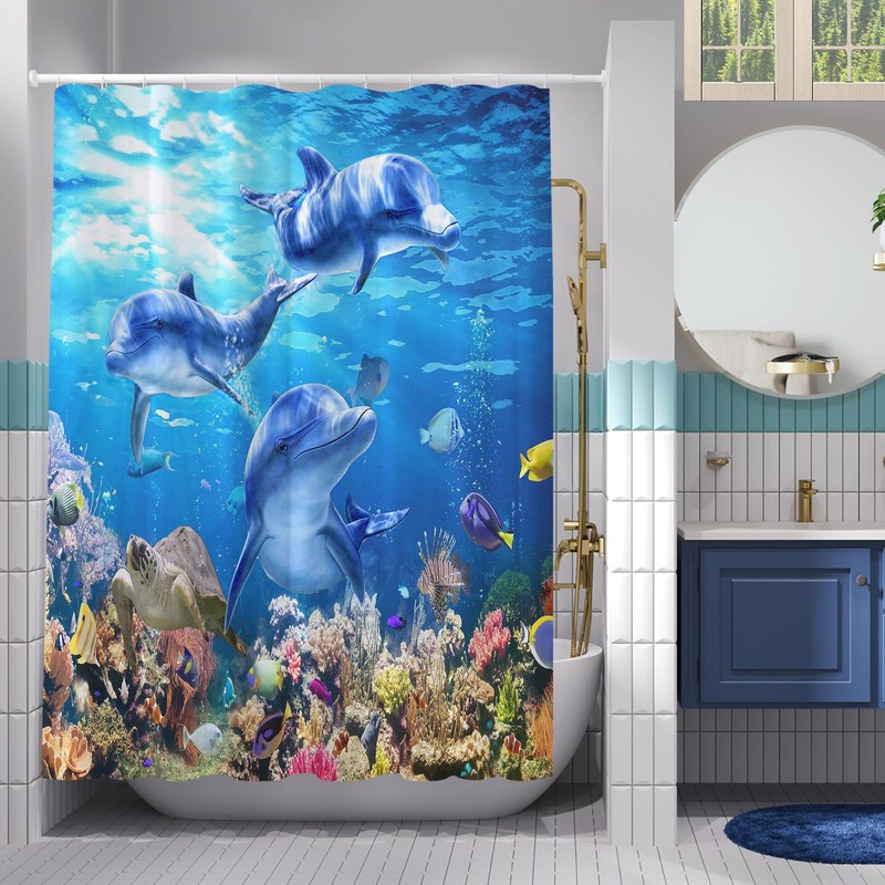 Simpomsy Dolphin Bathroom Curtains, Underwater Shower Curtain 180x180cm - Blue