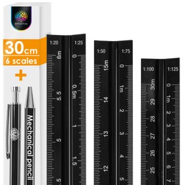 OfficeTree Scale Ruler Architect 30cm with Mechanical Pencil - Triangular Scale Ruler 1:20, 1:25, 1:50, 1:75, 1:100, 1:125 - Scale Ruler Metal - Metric Scaled Ruler - Architect Ruler
