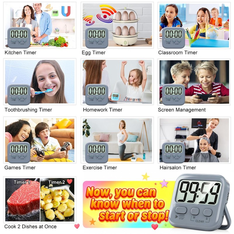 Antonki 2 Pack Digital Timer for Kids, Magnetic Countdown Kitchen
