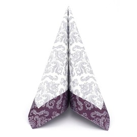 50 Napkins Ornament Fabric-Like 40 x 40 cm - Baroque Silver Colour Plum