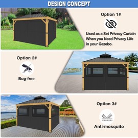 10ft x 10ft Gazebo Curtains,Privacy Replacement Sidewall with Roll-up Mosquito Net Windows, 4-Panel Universal Shade Curtains Set,Protecting Side Walls (Only Curtain)-Black