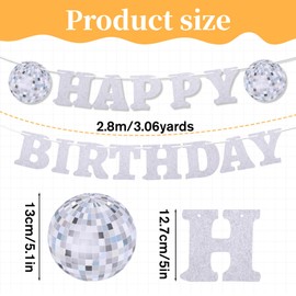 Disco Ball Happy Birthday Banner, Silver Disco Party Decorations for 70s 80s Baby Shower Birthday Parties Supplies