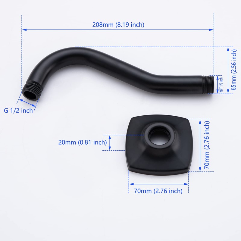 Curved Shower Arm with Flange,SWHYGER 8-Inch S-Shape Stainless Steel Top