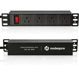 NodeQore 10 inch Rack PDU, 4 Rear Outlets, 1020J Surge Protection &15A Overload Switch, 1U RackMount, Rack Mount Power Strips for 10'' Mini Server Network Cabinets/Rack/Self, 6ft Cable