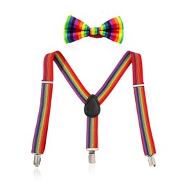KRYMSON Set of 2 Rainbow Bow Tie Suspenders, Adjustable Suspenders, Elastic Suspenders, Men Kids Suspenders, Rainbow Stripe Bow Tie, rainbow