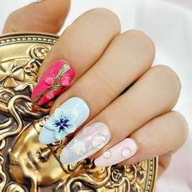 Press on Nails Handmade Almond Medium 3D Flower Design Reusable Fake Nail for Women's 10pcs (Mermaid Summer, M)