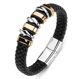 Mens Bracelets Braided Leather Wristband Cuff Bangle Stainless Steel Magnetic Clasp for Men Teen Boy 8.0-8.5 inches, 8.0 inch, no gemstone