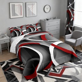 Stripes Comforter Set Queen Kids Teens Gray Black Red Swirls Room Decor Abstract Stripes Circle Bedding Set,Soft Lightweight Modern Simple Style Duvet,Youth Young Man Quilt,1 Comforter + 2 Pillowcase