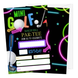Gsauto Golf Birthday Invitations for Boys Girls, 20 Invitation Cards with Envelopes, Neon Glow Invites for Party Decorations Favor Supplies - A28
