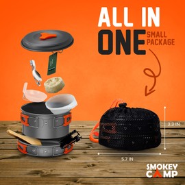 11 Pcs Smokey Camp Backpacking Cooking Set - Compact Camping Cookware Mess Kit, All in One Camping Cooking Set, Non-Stick Camping Cookware Kit, Hiking, Picnic, Outdoor & Camping Cookware Set