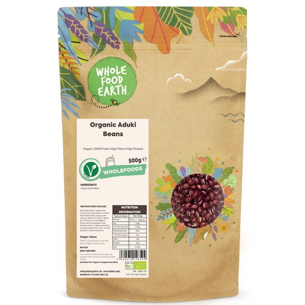 Wholefood Earth Organic Aduki Beans 500g Vegan | GMO Free | High Fibre | High Protein | Certified Organic
