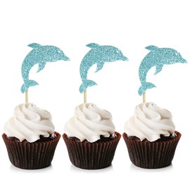 Unimall Global 24 Pieces Glitter Blue Dolphin Cupcake Toppers Sea Theme Cupcake Picks for Baby Shower Sea Theme Birthday Party Decoration Accessories