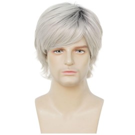 Kaneles Mens Grey Short Wig with Dark Roots Side Part Synthetic Heat Resistant Wig for Daily Party Use