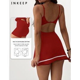 INKEEP Womens Tennis Dress with Built in Shorts Spaghetti Straps Outfits Summer Cami Dress Red
