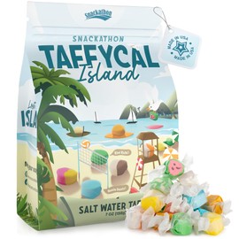 Snackathon Salt Water Taffy Assorted Mix – Taffycal Island Edition, 10-Flavor Tropical Variety, Individually Wrapped Soft & Chewy Gourmet Candy, Unique 7 oz Themed Bag for Gifting