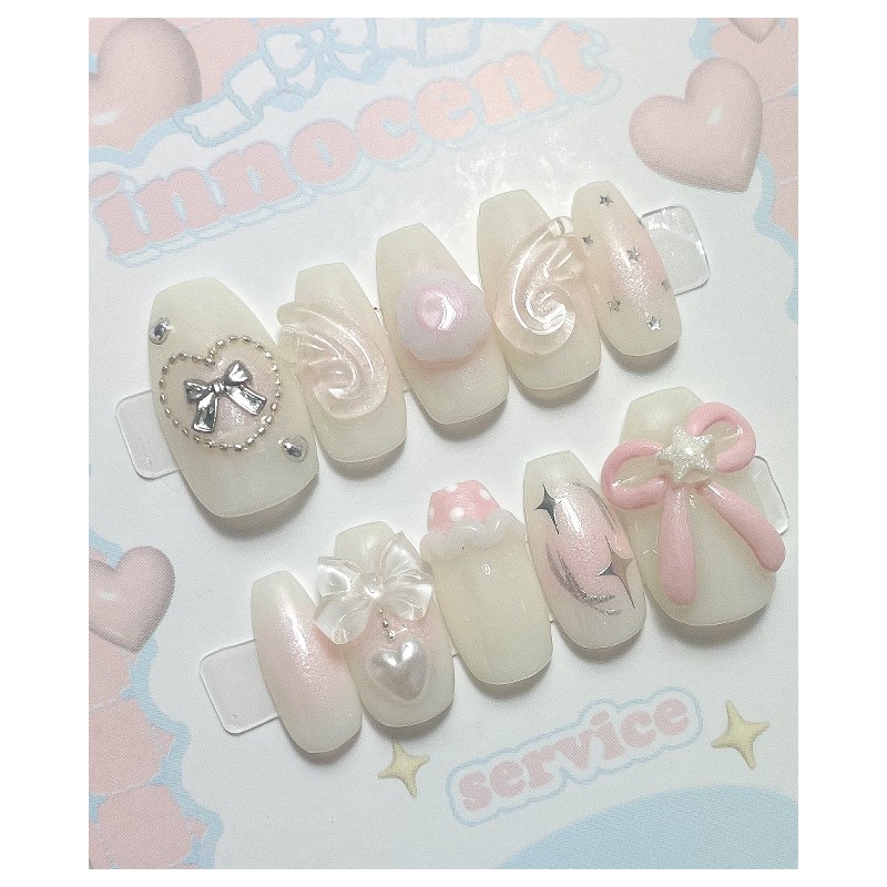 (Renewal) Cheek Angel Pink Chiffon Handmade Nail Tips - Square