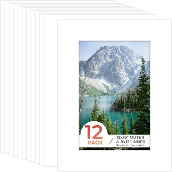 Frametory, 12x16 White Pre-Cut Picture Mats for 8x12 Photos, Prints, Artworks - White Core Bevel Cut 7.5x11.5 Openings Acid Free Frame Mattes 1.4Mm Thickness - Pack of 12