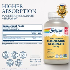 SOLARAY Magnesium Glycinate Capsules, Chelated Magnesium Bisglycinate w/BioPerine, Higher Absorption Magnesium Supplement - Bones, Muscles, Heart Support, Vegan, 68 Servings, 275 VegCaps