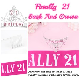 CURASA Birthday Sash and Crown for Women 21st birthday Sash Pink Birthday Crown Adult Women Silver Birthday Tiara Happy Birthday Crown Hot Pink Finally 21 Sash Birthday Decoration for Party Gifts