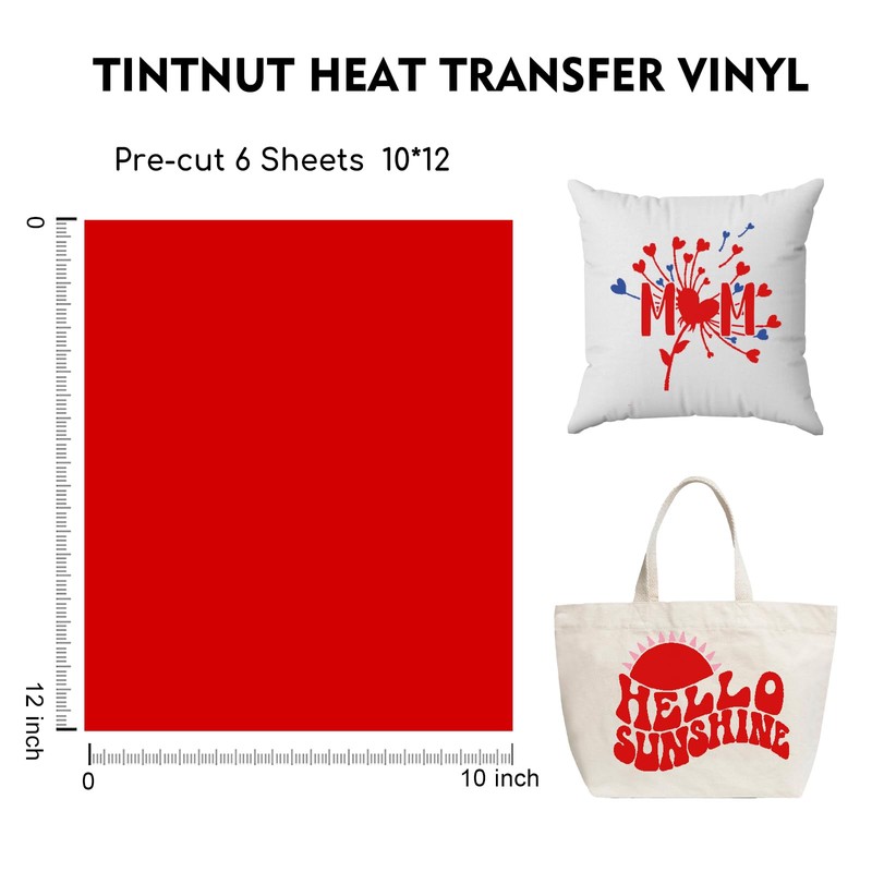 Tintnut Red Heat Transfer Vinyl,6 Sheets 12" x 10" HTV