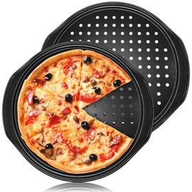 Abaigeal 2 Pcs 14 inch Pizza Trays for Oven Non Stick, Carbon Steel Round Pizza Pan with Handle, Pizza Oven Trays with Holes for Pizza for Home Kitchen Oven, Black
