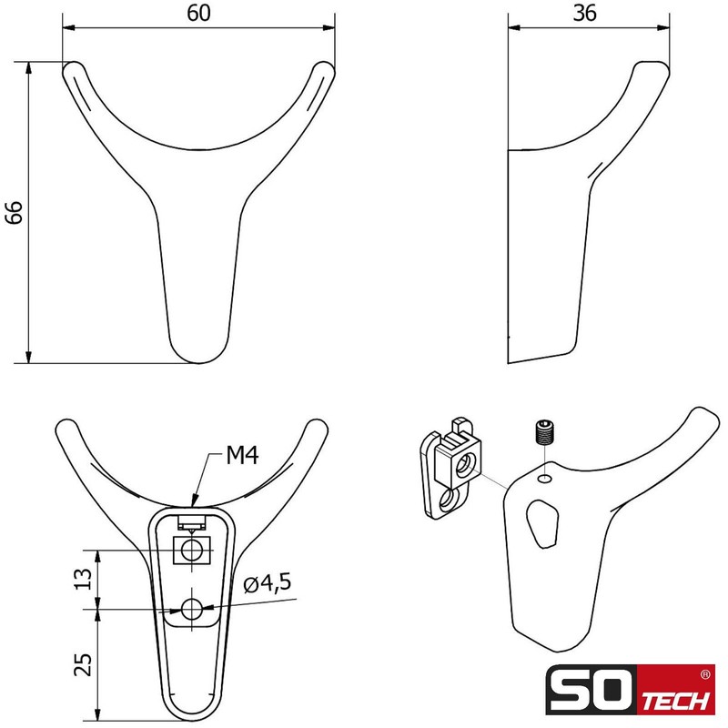 SOTECH Tora Double Hooks Matt Black 66 x 60 x