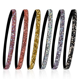 6 Pieces Glitter Non-Slip Felt Headbands, Rhinestone Running Hairband Shiny Elastic Headband for Women Colorful Adjustable Headbands Sparkly Sports Fabric Fashion Hair Accessories for Sports and Yoga