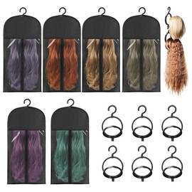 6 Pcs Wig Bags Storage with Wig Hanger Dust-proof for Multiple Wigs Hanging Storage Bags Organizer Foldable Easy Carry Suitable for Home Travel Hair Salon Black