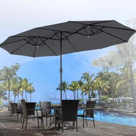 PHI VILLA 15ft Patio Large Umbrella Outdoor Market Crank Parasol Umbrella with Stand Base