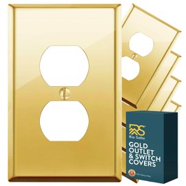 Rio Salto BRASS Metal - High Polished Gold Finish Duplex Outlet Cover STANDARD SIZE Light Switch Cover Wall Plate, Single Duplex Receptacle Wallplate Covers - 5 Pack High Polish Shinny Gold