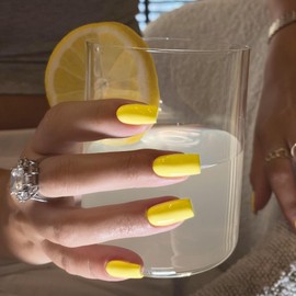 SXVME Yellow False Nails Long Square, Acrylic Press on Nails Long Medium Coffin, Glossy Gel Fake Nails Press on, Solid Color Square Tip Nails Stick on Nails For Women Daily Wear, 24 Pcs